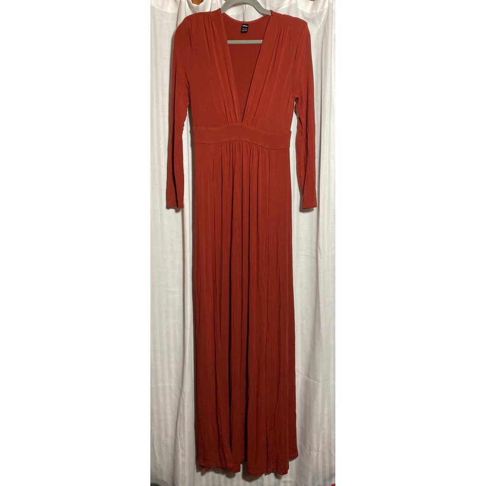 Boho Rust Orange Plunge V-Neck Double Slit‎ Long Sleeve Maxi Dress S SHEIN Women